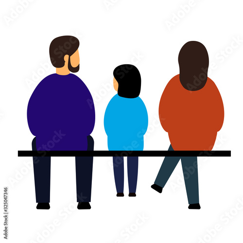 A man, woman, and child sit with their backs to the viewer in different poses. The family spends time together. Illustration on a white background