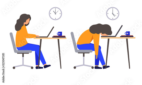 Professional burnout. An office worker is tired of working. Cartoon character in the flat style.