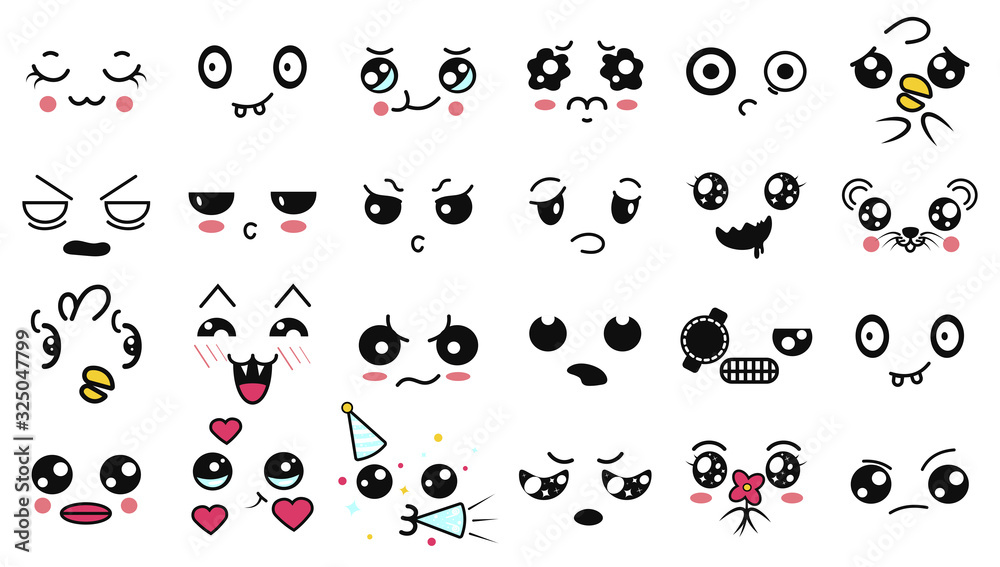 Fototapeta premium Kawaii cute faces. Funny cartoon japanese emoticon in in different expressions. Expression anime character and emotion. Social network, print, Japanese style emoticons, Mobile, chat. kawaii emotions.