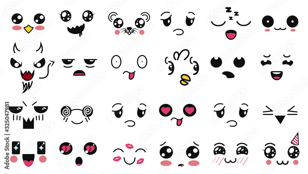 Fototapeta premium Kawaii cute faces. Funny cartoon japanese emoticon in in different expressions. Expression anime character and emotion. Social network, print, Japanese style emoticons, Mobile, chat. kawaii emotions.