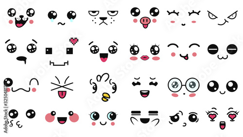 Kawaii cute faces. Funny cartoon japanese emoticon in in different expressions. Expression anime character and emotion. Social network  print  Japanese style emoticons  Mobile  chat. kawaii emotions.