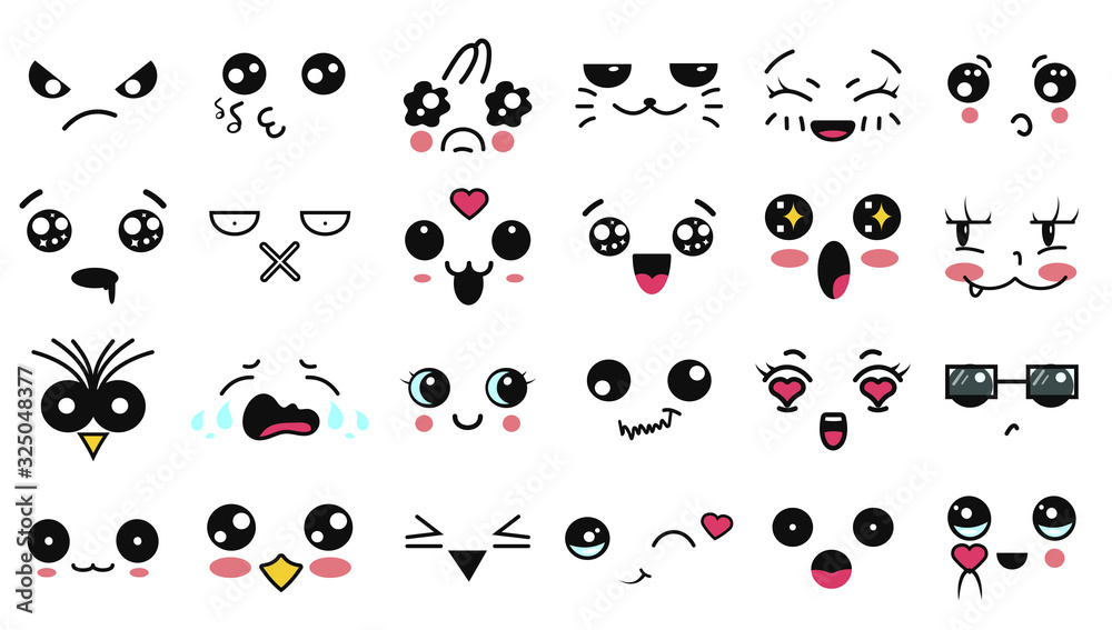 Kawaii cute faces. Funny cartoon japanese emoticon in in different
