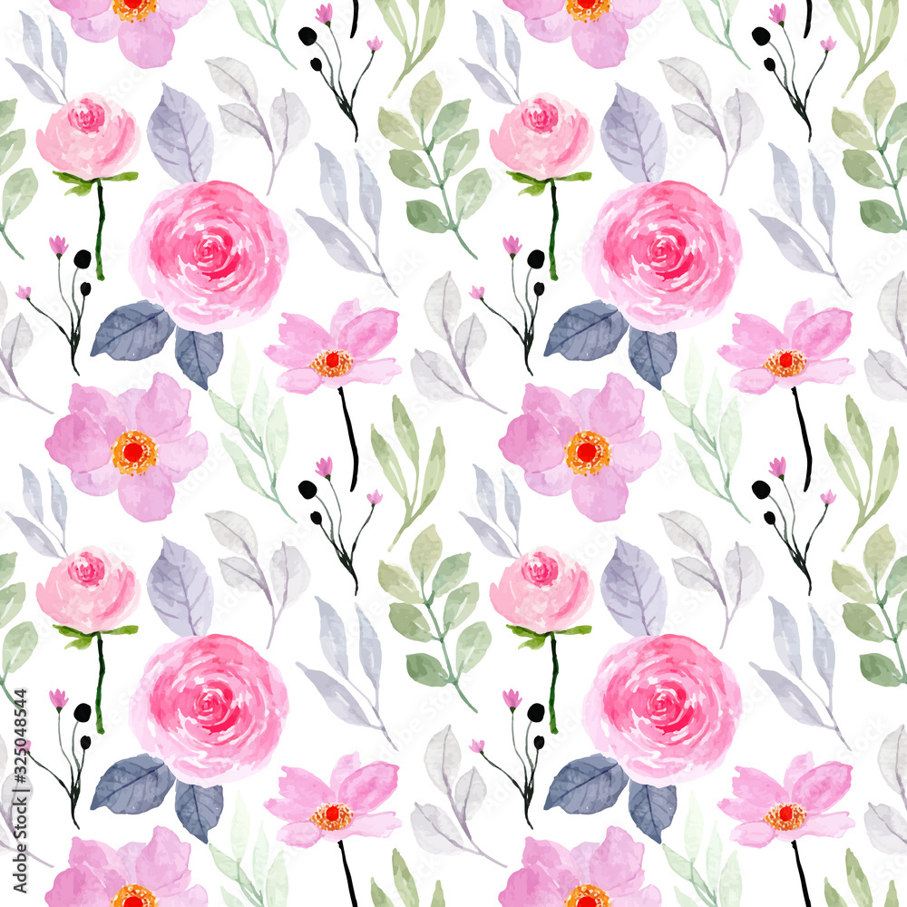 Fototapeta pink flower watercolor seamless pattern