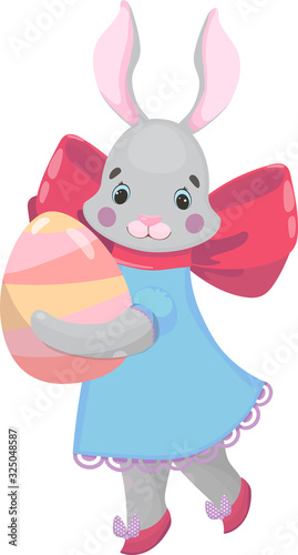 Easter girl rabbit carries an egg. Happy Easter bunny in a dress and shoes with a bow. Hand drawn cartoon animal vector illustration