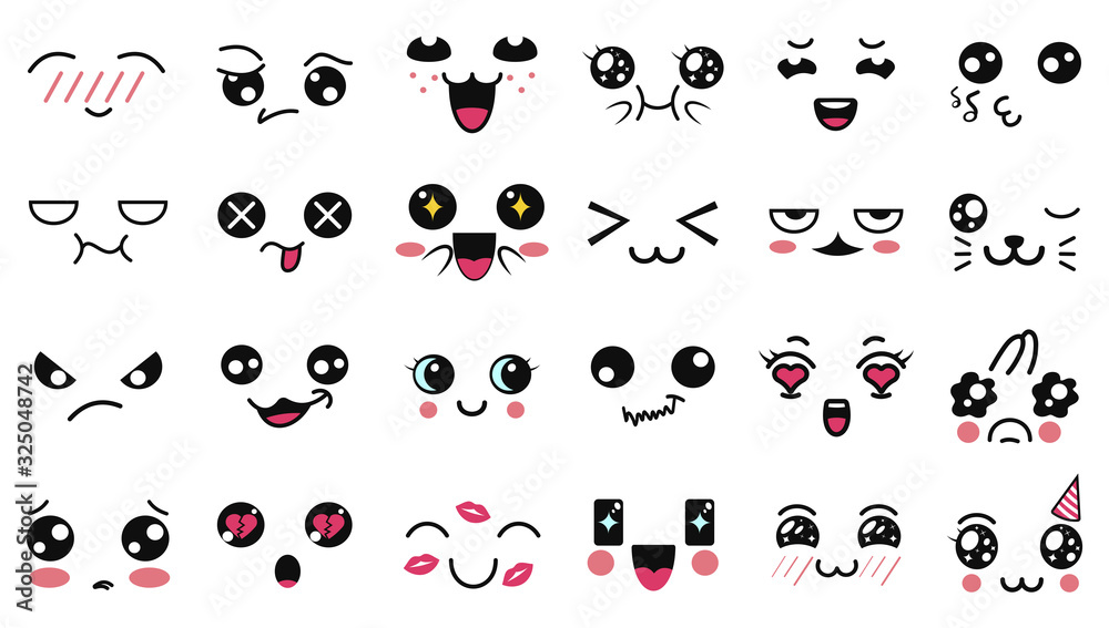 Naklejka premium Kawaii cute faces. Funny cartoon japanese emoticon in in different expressions. Expression anime character and emotion. Social network, print, Japanese style emoticons, Mobile, chat. kawaii emotions.