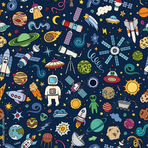 Colorful hand drawn vector doodle seamless pattern of Space symbols and objects.