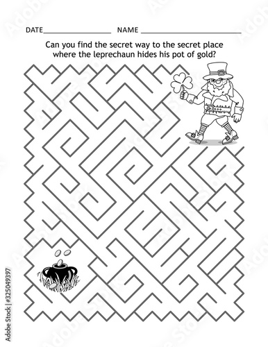 St Patrick's Day maze game or activity page for children: Can you find the secret way to the secret place where the leprechaun hides his pot of gold?