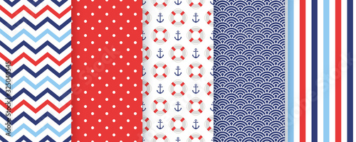 Nautical seamless pattern. Vector. Marine backgrounds with zigzag, anchor, Lifebuoy, stripes, polka dot. Set blue sea summer prints. Geometric texture for baby shower, scrapbooking. Color illustration