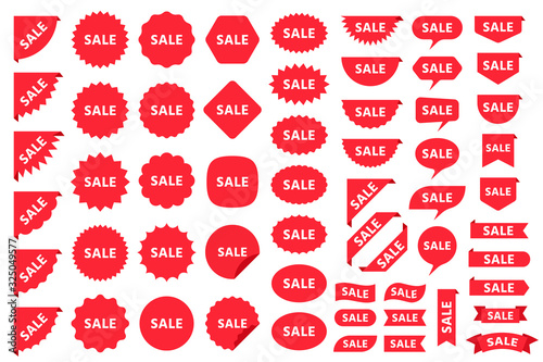 Burst price boxes. Sale, New sticker. Vector. Discount promo stamps. Circle, corner, cloud badges. Red tag product labels. Set starburst shapes isolated on white background. Flat illustration.