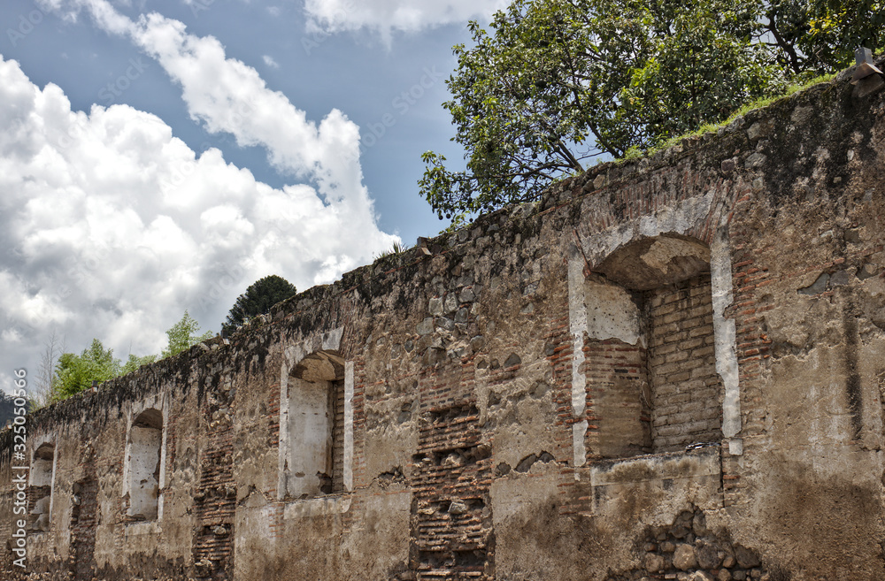 Grungy Stone and Brick Wall Texture Pattern in Earthquake Ruins, Antigua, Guatemala.