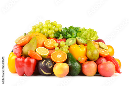 Composition with healthy fruits and vegetables isolated on white