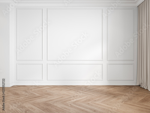 Modern classic white interior blank wall with moldings, panelling, wood floor, curtain. 3d render illustration mock up.