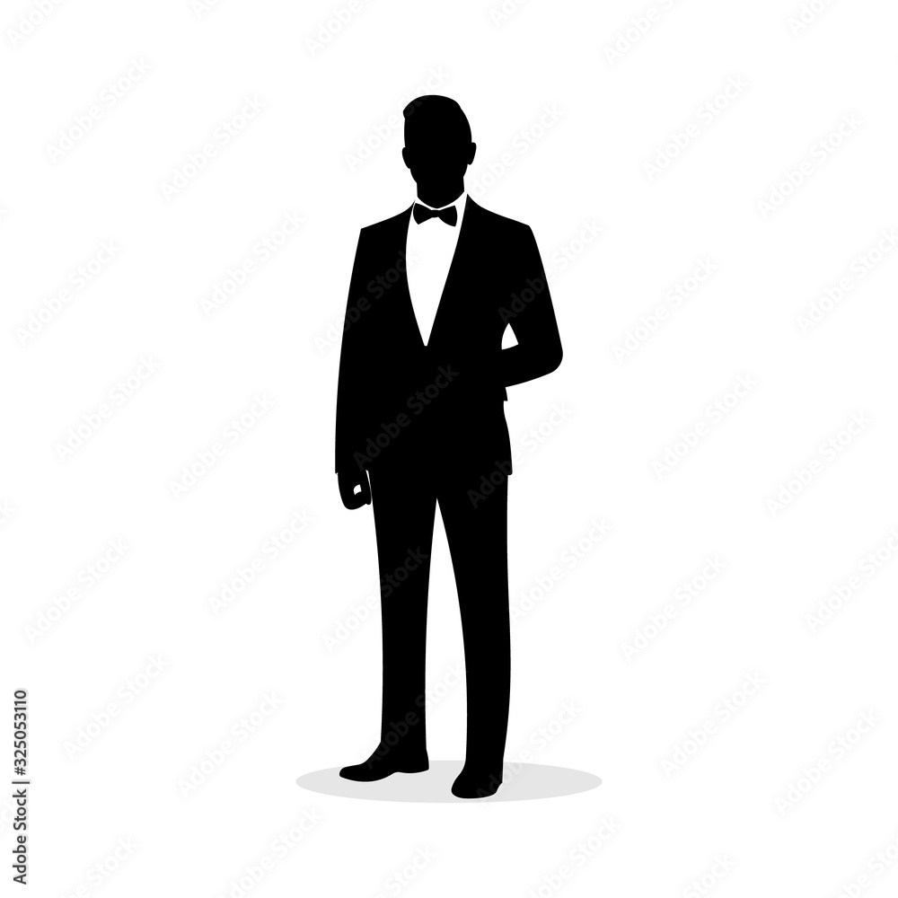 Simple tuxedo silhouette of a man. Movie or film actor. Rich man. Wedding groom costume. Award show or ceremony dress. Fancy and elegant symbol or icon. Waiter sign - Vector illustration. Simple tuxedo silhouette of a man. Movie or film actor. Rich man. Wedding groom costume. Award show or ceremony dress. Fancy and elegant symbol or icon. Waiter sign - Vector illustration.