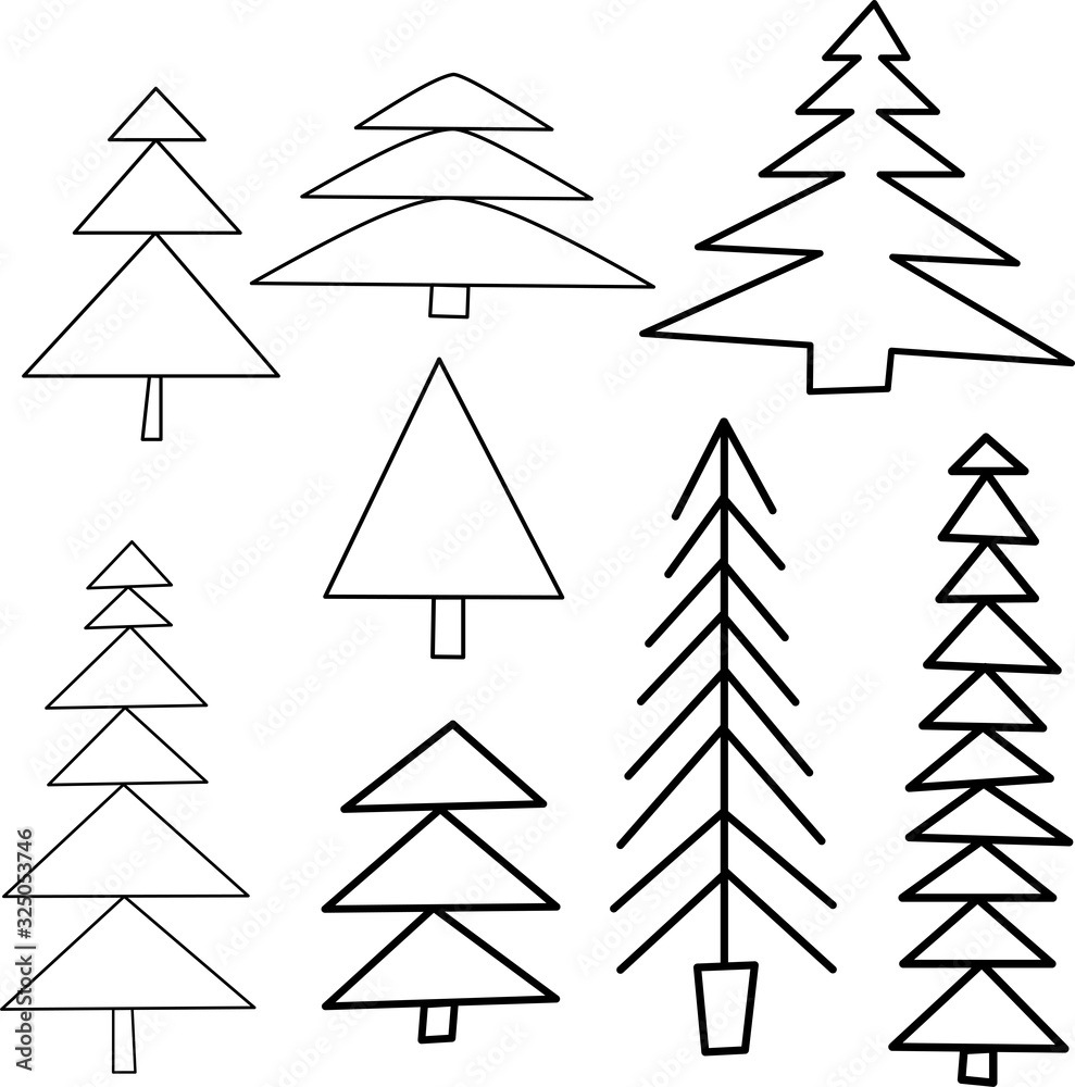 Set of fir trees in Scandinavian style. Isolated elements on white background. The nordic style for design poster, wrapping, postcards, patterns. Vector stock illustration. Set of fir trees in Scandinavian style. Isolated elements on white background. The nordic style for design poster, wrapping, postcards, patterns. Vector stock illustration.