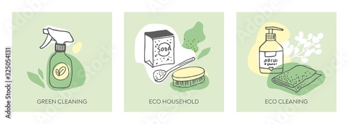 A set of posters for ecological house cleaning drawn with a black line on an abstract background. Banner for eco cleaning service with non-chemical means. Green home. Cartoon vector illustration.