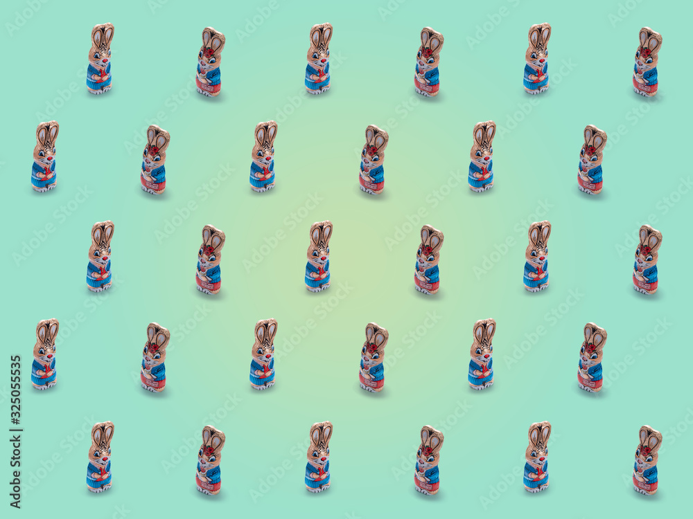 Easter bunny on a gradient background, chocolate Easter bunny, Concept, screen, postcard, wallpaper, fresh and cheerful,Pattern, tile background, flat lay design