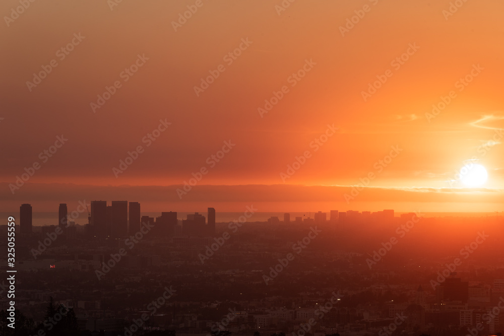 Sunset over Los Angeles city from Griffith Observatory in California, United States.