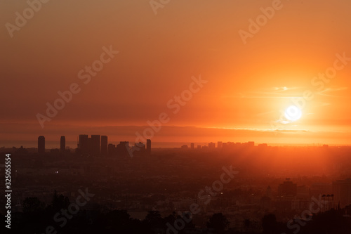 Sunset over Los Angeles city  California  United States.