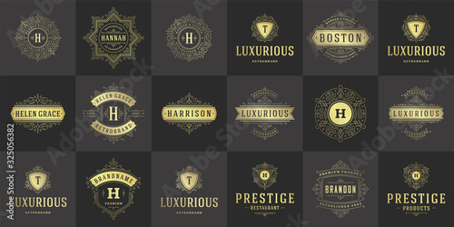 Vintage logos templates set, vector flourishes calligraphic elegant ornaments frames and borders.