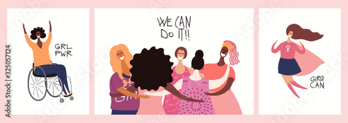 Set of womens day card, banner designs with beautiful diverse women and quotes. Hand drawn vector illustration. Flat style. Concept, element for feminism, girl power. Female cartoon characters.