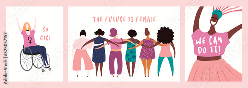 Set of womens day card, banner designs with beautiful diverse women and quotes. Hand drawn vector illustration. Flat style. Concept, element for feminism, girl power. Female cartoon characters.