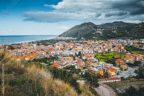 Wonderful view of of the Mediterranean resort town. Location Brolo city, Sicily island, Italy, Europe.
