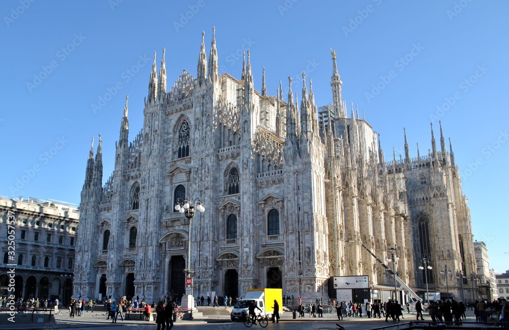 Milan old Italian town cathedral Duomo medieval building urban panorama cityscape architecture history background