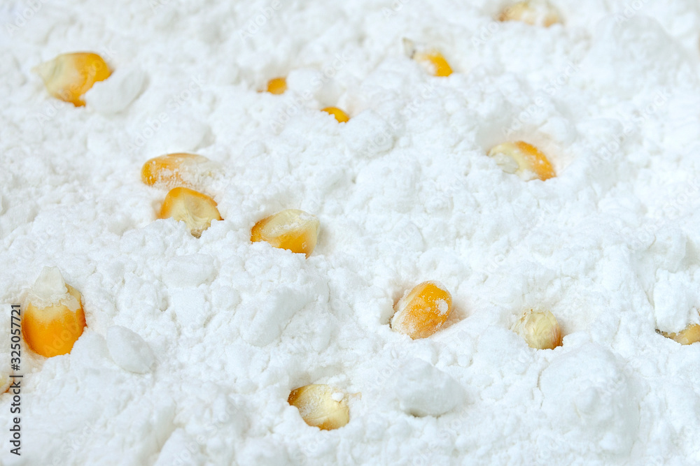 Closeup of tapioca starch or powder flour with corn grains on a white background. Texture of corn starch with grains. Pile of potato starch isolated on a white background. Powder starch powder texture Closeup of tapioca starch or powder flour with corn grains on a white background. Texture of corn starch with grains. Pile of potato starch isolated on a white background. Powder starch powder texture