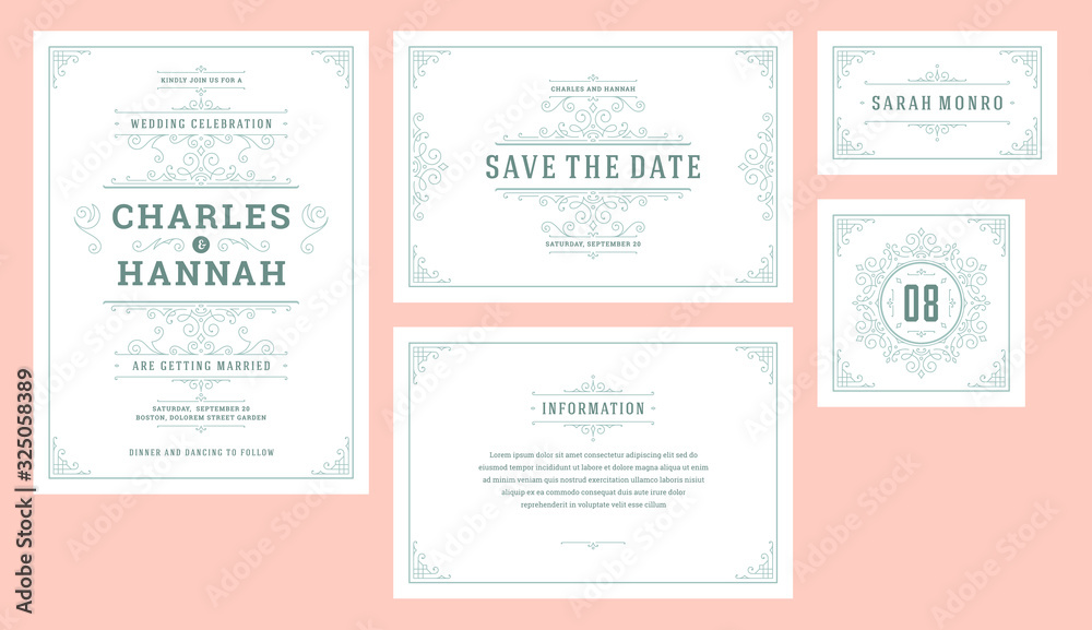 Set wedding flourishes ornaments invitations cards.