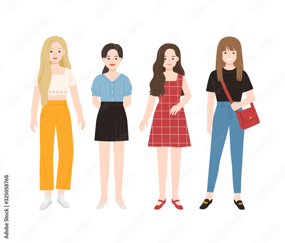 Group of young people flat cartoon characters isolated on white background. Happy teenager in casual clothes. Group of young people flat cartoon characters isolated on white background. Happy teenager in casual clothes.