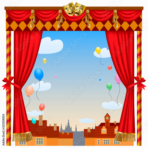 Puppet show booth with theater masks, red curtain