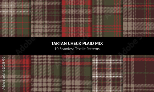 Tartan plaid pattern set. Dark multicolored winter and autumn check plaid for scarf, flannel shirt, blanket, or other modern textile print. Striped texture.