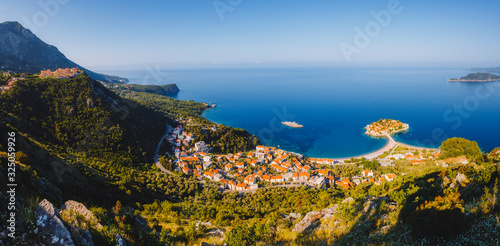 Aerial view of the small islet Sveti Stefan. Location Montenegro, Adriatic sea, Europe.