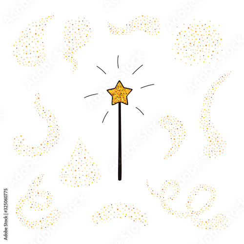 Magic wand and gold dust set. Vector illustration.