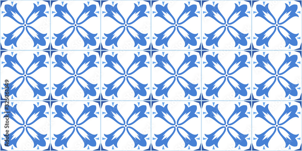 Fototapeta premium ceramic tile with floral design, blue-white seamless pattern. vector