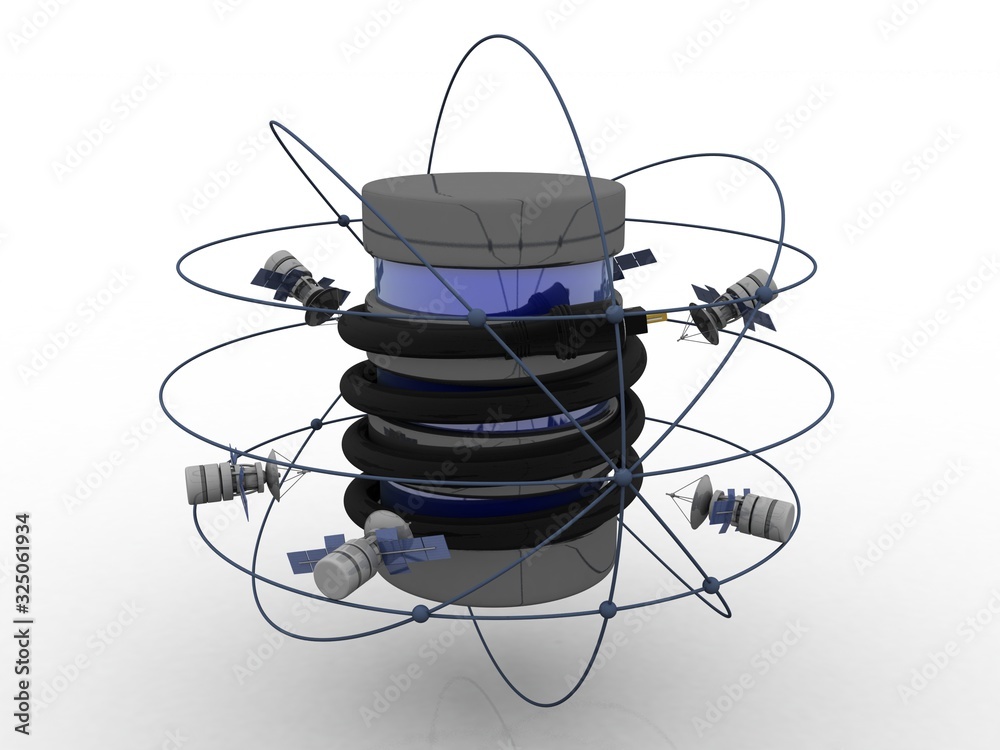 3d illustration Space satellite orbit with aux cable connected database 3d illustration Space satellite orbit with aux cable connected database