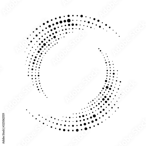 Spiral dots backdrop. Halftone shapes, abstract logo emblem or design element for any project.