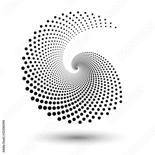 Spiral dots backdrop. Halftone shapes, abstract logo emblem or design element for any project.