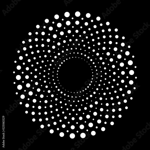 Spiral dots backdrop. Halftone shapes, abstract logo emblem or design element for any project