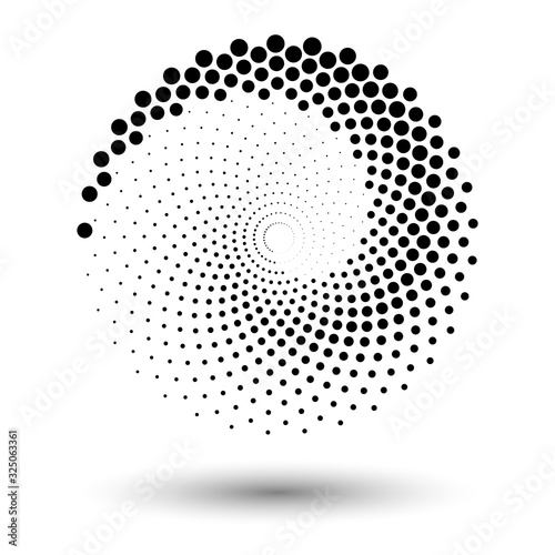 Spiral dots backdrop. Halftone shapes, abstract logo emblem or design element for any project