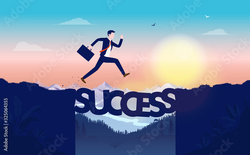 Risky road to success - Man jumping from cliff over dangerous gap. Bridge made of letters, risky business, work adrenaline and motivated businessman concept
