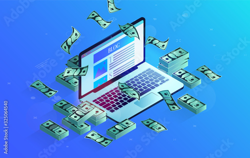 Earn money on your blog - Laptop computer with blog website on screen, money raining down. Cash for blogging, passive income, technology earnings concept. Vector illustration.
