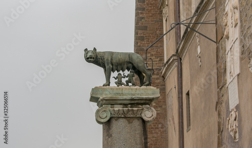 Statue of Capitoline Wolf suckling Romulus and Remus in Rome, Italy.