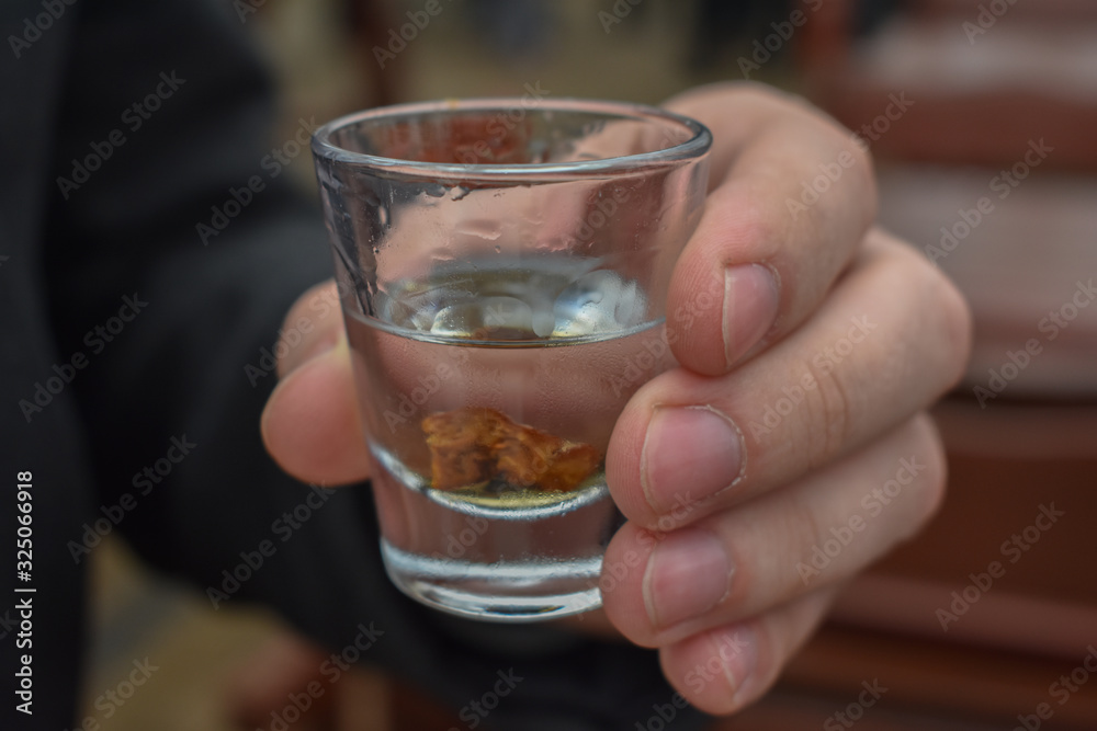 Closeup of male hand holding vodka glass with vodka and plum inside Closeup of male hand holding vodka glass with vodka and plum inside
