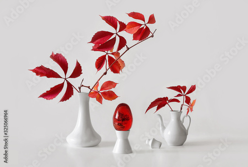 Fotografie white dishes and red leaves
