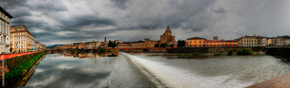 Panorama of the Arno River, Florence, Italy.Dam