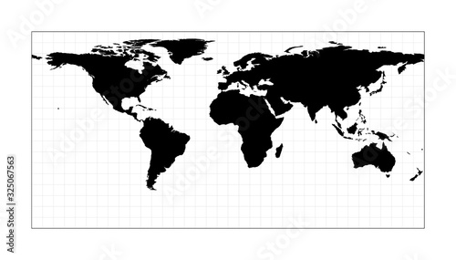 World map with longitude lines. Equirectangular (plate carree) projection. Plan world geographical map with graticlue lines. Vector illustration.