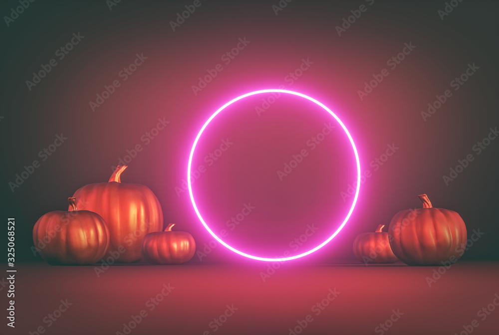 halloween pumpkins with neon light. Minimal surrealism background