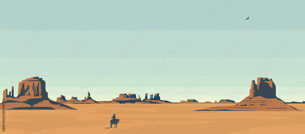 Vector landscape with American prairies and a silhouette of a cowboy on ...