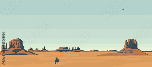 Vector landscape with American prairies and a silhouette of a cowboy on a horse. A lone rider in the desert. Western vintage background. Decorative illustration on the theme of the Wild West.